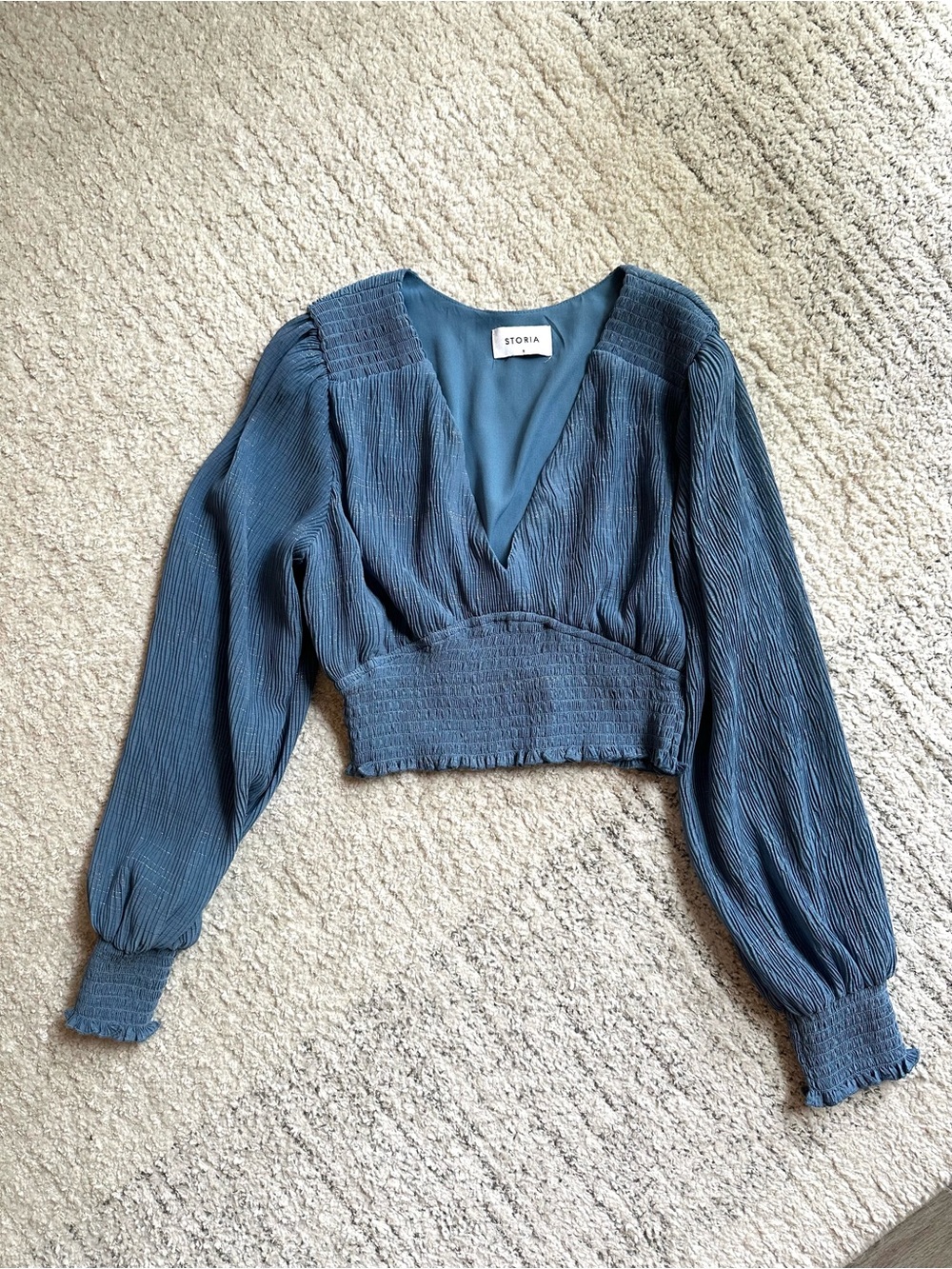 Storia Slate Blue Smocked Waist V-Neck Long Sleeve Crop Top